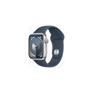 Apple Watch Series 9 (GPS) - 41 mm - sølvaluminium - smart ur med sportsbånd - fluoroelastomer - stormblå - båndstørrelse: S/M - 64 GB - Wi-Fi, UWB, Bluetooth - 31.9 g