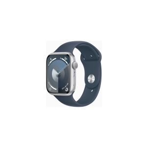 Apple Watch Series 9 (GPS) - 45 mm - sølvaluminium - smart ur med sportsbånd - fluoroelastomer - stormblå - båndstørrelse: M/L - 64 GB - Wi-Fi, UWB, Bluetooth - 38.7 g