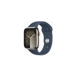 Apple Watch Series 9 (GPS + Cellular) - 45 mm - sølv rustfrit stål - smart ur med sportsbånd - fluoroelastomer - stormblå - båndstørrelse: S/M - 64 GB - Wi-Fi, LTE, UWB, Bluetooth - 4G - 51.5 g