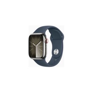 Apple Watch Series 9 (GPS + Cellular) - 41 mm - sølv rustfrit stål - smart ur med sportsbånd - fluoroelastomer - stormblå - båndstørrelse: M/L - 64 G