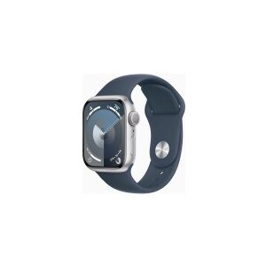 Apple Watch Series 9 (GPS) - 41 mm - sølvaluminium - smart ur med sportsbånd - fluoroelastomer - stormblå - båndstørrelse: M/L - 64 GB - Wi-Fi, UWB, Bluetooth - 31.9 g