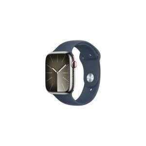 Apple Watch Series 9 (GPS + Cellular) - 45 mm - sølv rustfrit stål - smart ur med sportsbånd - fluoroelastomer - stormblå - båndstørrelse: M/L - 64 GB - Wi-Fi, LTE, UWB, Bluetooth - 4G - 51.5 g