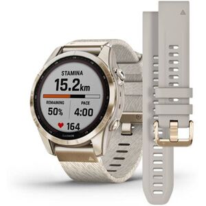 Garmin Fenix 7S Sapphire Solar, Vaalean kullan värinen titaani ja meleerattu kermanvärinen nailonhihna 010-02539-39