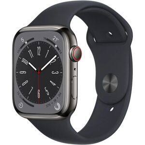 Apple Watch Series 8 OLED 45 mm - Boîtier en Acier inoxydable Graphite - GPS + Cellular - Bracelet Sport - Minuit - Reconditionné - Publicité