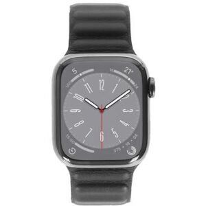 Apple Watch Series 8 Acier Inox argent 45mm Bracelet en cuir avec extrémité minuit S/M (GPS + Cellular) - très bon état argent - Publicité