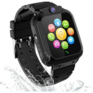 PTHTECHUS GPS Tracker Smartwatch Enfants Montre Intelligente Téléphone pour Garçons Fille Etudiant, Montre Con Appel d'urgence SOS Appareil Photo Réveil Podometre, Noir - Publicité