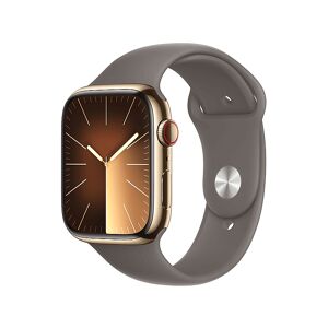 Apple Watch Series 9 GPS + Cellular, Cassa 45 mm in acciaio inossidabile color oro con Cinturino Sport grigio creta - M/L