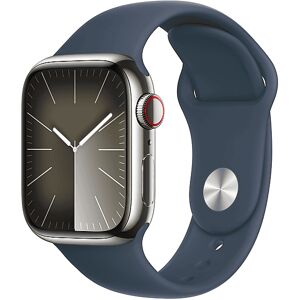 Apple Watch Series 9 GPS + Cellular, Cassa 41 mm in acciaio inossidabile color argento con Cinturino Sport blu tempesta - S/M