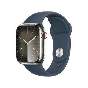 Apple Watch Series 9 GPS + Cellular, Cassa 45 mm in acciaio inossidabile color argento con Cinturino Sport blu tempesta - S/M