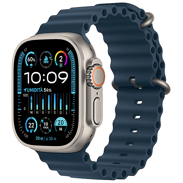 apple watch ultra 2 gps + cellular, cassa 49 mm in titanio con cinturino ocean blu