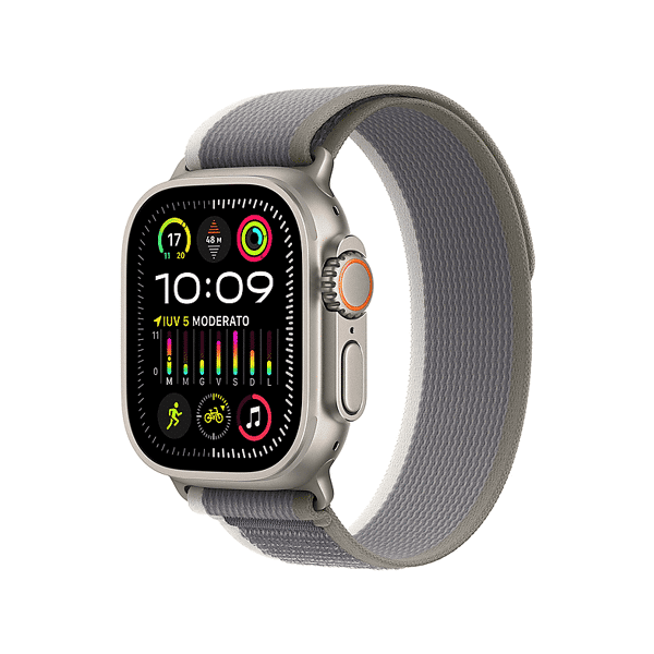 apple watch ultra 2 gps + cellular, cassa 49 mm in titanio con trail loop verde/grigio - m/l