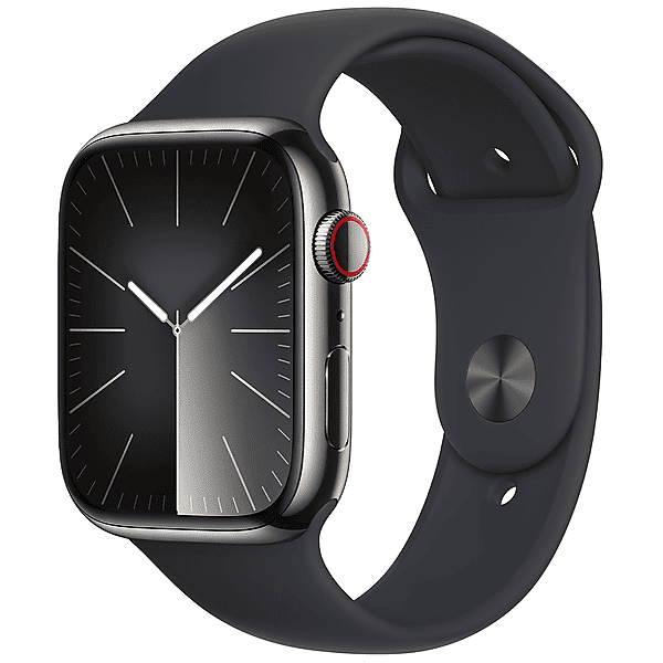 apple watch series 9 gps + cellular, cassa 45 mm in acciaio inossidabile color grafite con cinturino sport mezzanotte - m/l