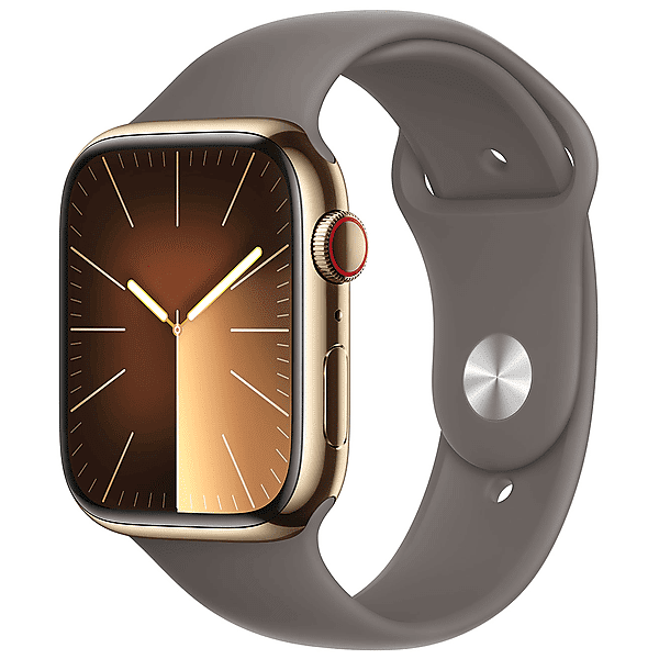 apple watch series 9 gps + cellular, cassa 45 mm in acciaio inossidabile color oro con cinturino sport grigio creta - s/m