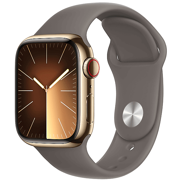 apple watch series 9 gps + cellular, cassa 41 mm in acciaio inossidabile color oro con cinturino sport grigio creta - m/l