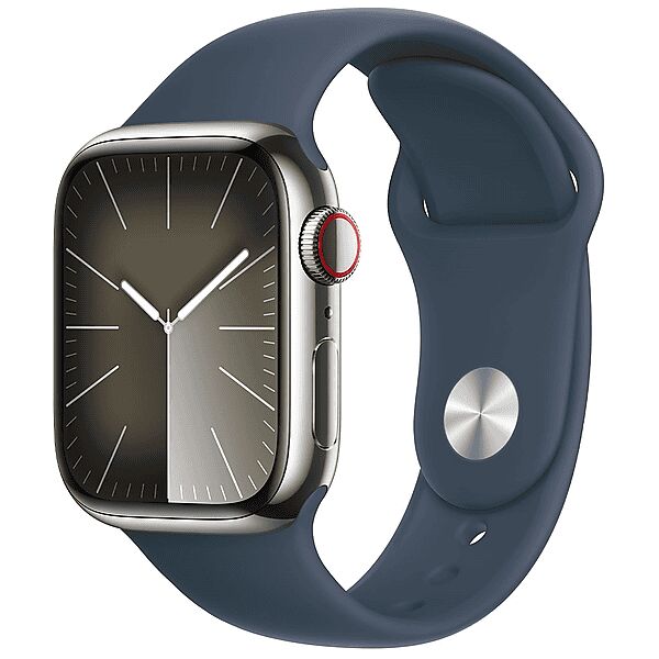 apple watch series 9 gps + cellular, cassa 41 mm in acciaio inossidabile color argento con cinturino sport blu tempesta - s/m