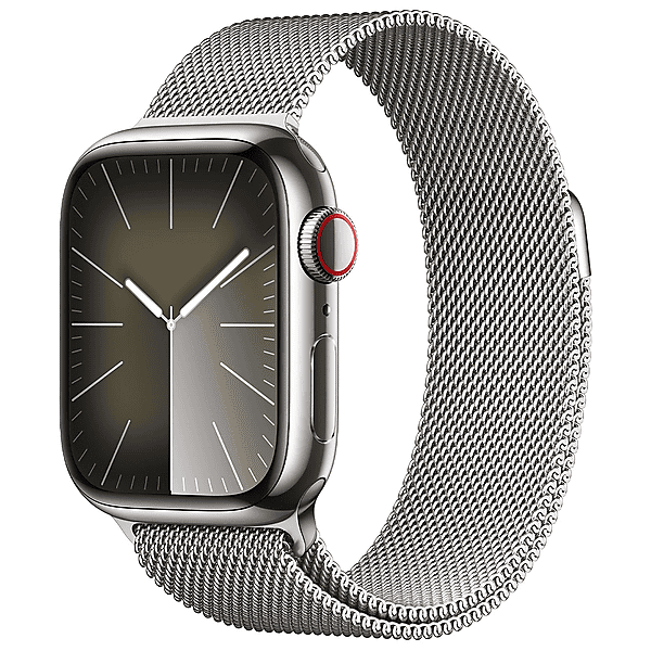 apple watch series 9 gps + cellular, cassa 45 mm in acciaio inossidabile color argento con loop maglia milanese