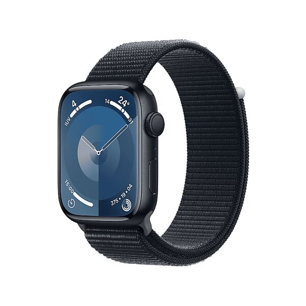 apple watch series 9 gps, cassa 45 mm in alluminio mezzanotte con sport loop
