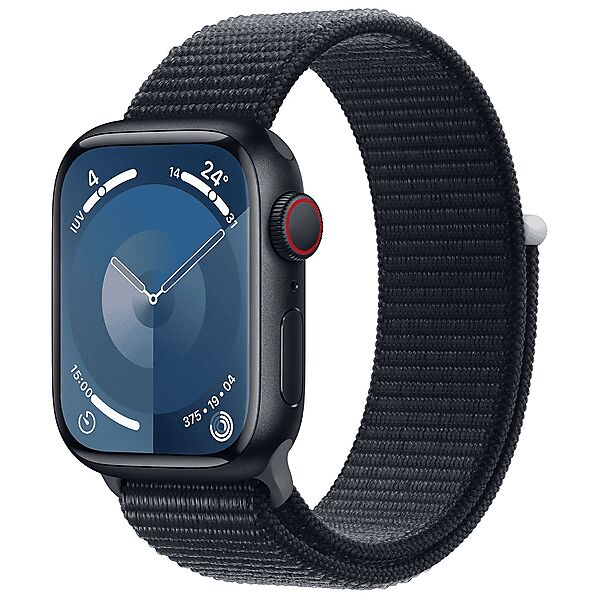 apple watch series 9 gps + cellular, cassa 45 mm in alluminio mezzanotte con sport loop