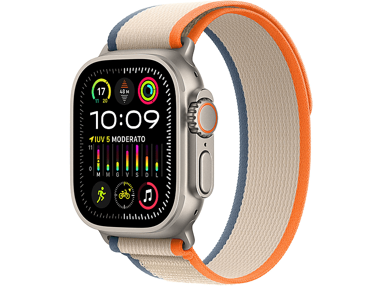 apple watch ultra 2 gps + cellular, cassa 49 mm in titanio con trail loop arancione/beige - s/m