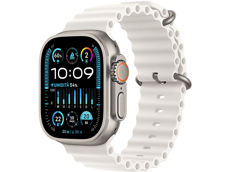 apple watch ultra 2 gps + cellular, cassa 49 mm in titanio con cinturino ocean bianco