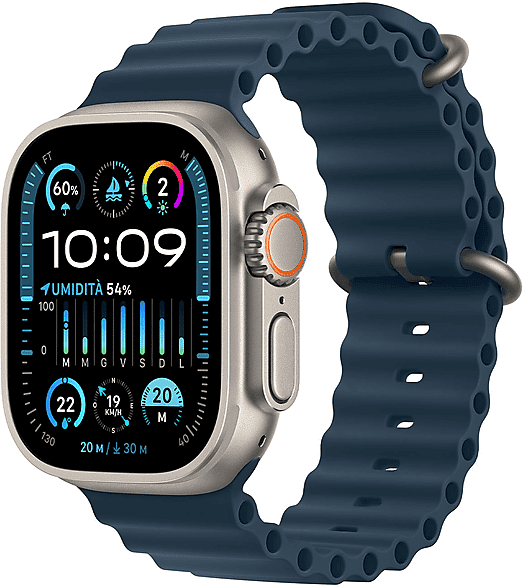 apple watch ultra 2 gps + cellular, cassa 49 mm in titanio con cinturino ocean blu