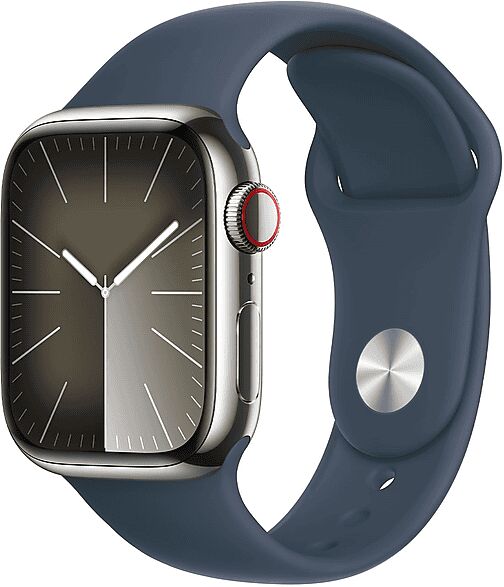 Apple Watch Series 9 GPS + Cellular, Cassa 45 mm in acciaio inossidabile color argento con Cinturino Sport blu tempesta - M/L