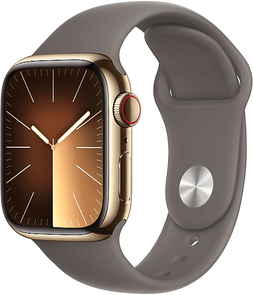 Apple Watch Series 9 GPS + Cellular, Cassa 41 mm in acciaio inossidabile color oro con Cinturino Sport grigio creta - M/L