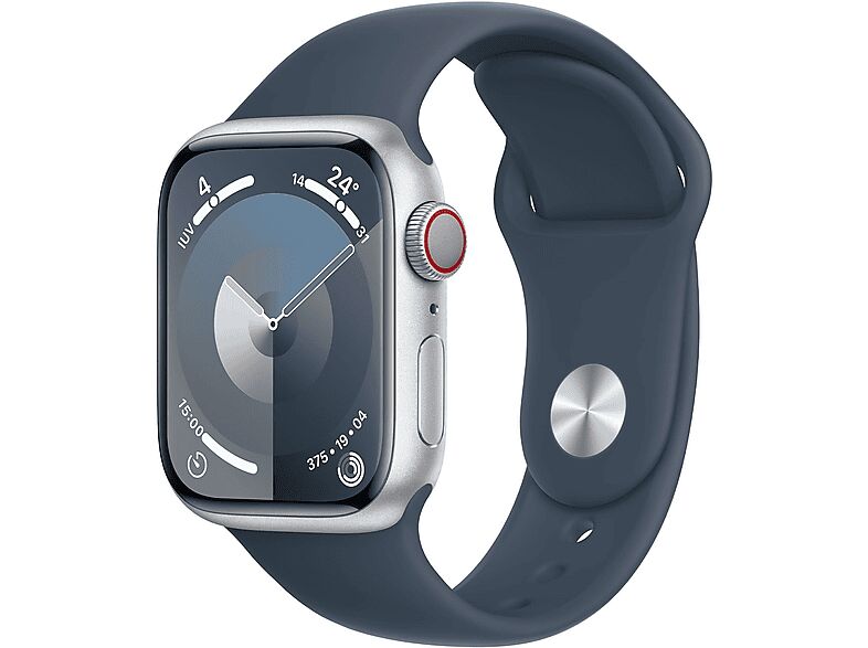 Apple Watch Series 9 GPS + Cellular, Cassa 41 mm in alluminio argento con Cinturino Sport blu tempesta - S/M