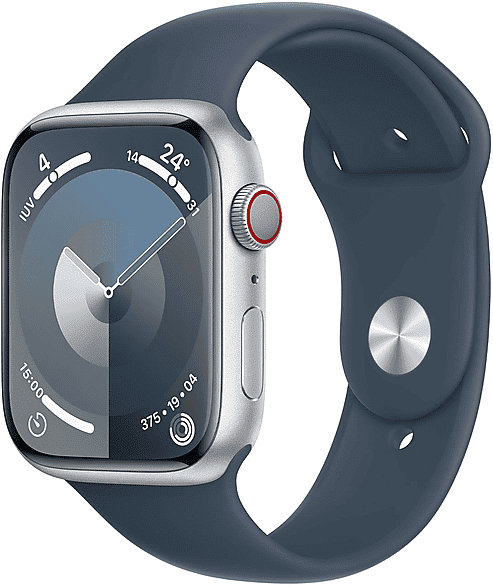 Apple Watch Series 9 GPS + Cellular, Cassa 45 mm in alluminio argento con Cinturino Sport blu tempesta - M/L