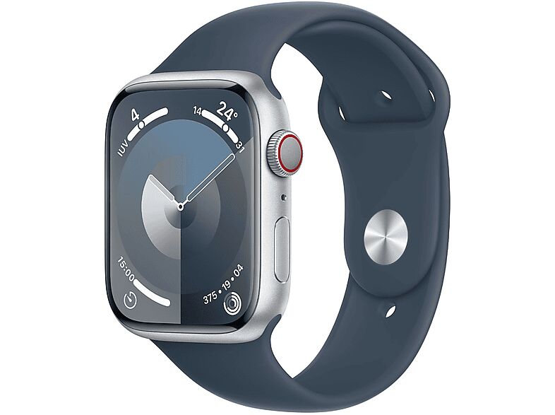 Apple Watch Series 9 GPS + Cellular, Cassa 45 mm in alluminio argento con Cinturino Sport blu tempesta - M/L