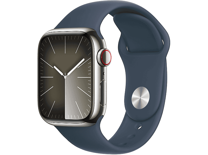 Apple Watch Series 9 GPS + Cellular, Cassa 45 mm in acciaio inossidabile color argento con Cinturino Sport blu tempesta - S/M