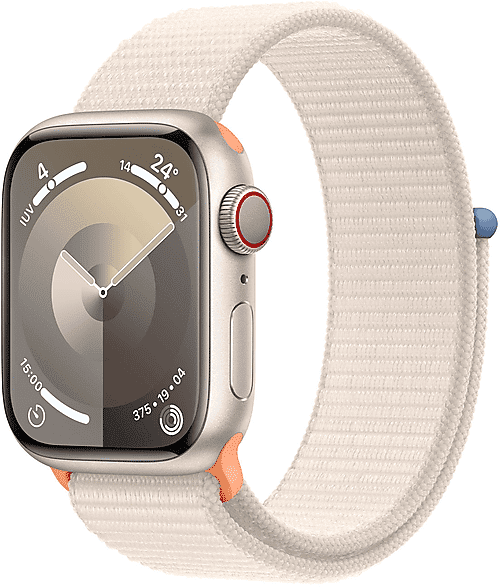 apple watch series 9 gps + cellular, cassa 45 mm in alluminio galassia con sport loop