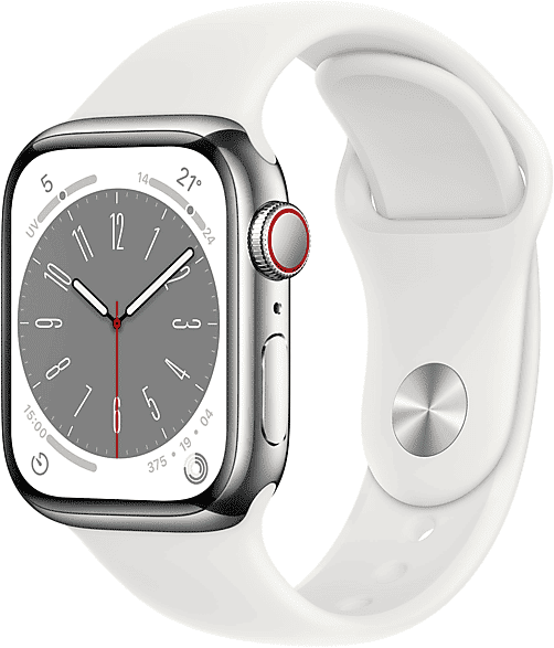 Apple Watch Series 8 GPS + Cellular 41mm Cassa in acciaio inossidabile color argento con Cinturino Sport bianco - regular