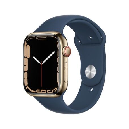 Apple Watch Series 7 GPS + Cellular, 45 mm in acciaio inossidabile color Oro con Cinturino Sport Blu Abisso (MN9M3TY/A)