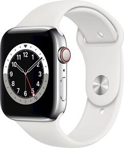 Apple Watch Series 6 GPS + Cellular, 44mm Silver Stainless Steel Case with White Sport Band - Regular