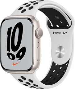 Apple Watch Nike Series 7 GPS, 45mm Starlight Aluminium Case with Pure Platinum/Black Nike Sport Band - Regular