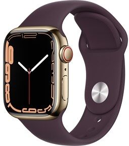 Apple Watch Series 7 GPS + Cellular, 41mm Gold Stainless Steel Case with Dark Cherry Sport Band - Regular