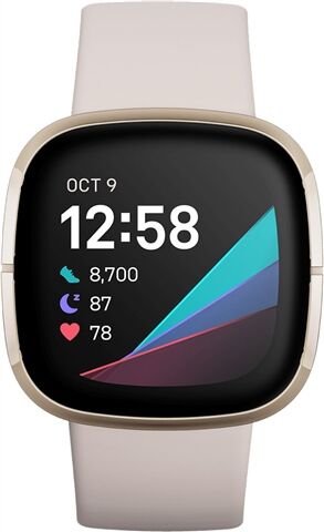 Refurbished: Fitbit Sense Health And Fitness Smartwatch+GPS - Lunar White/Soft Gold, B