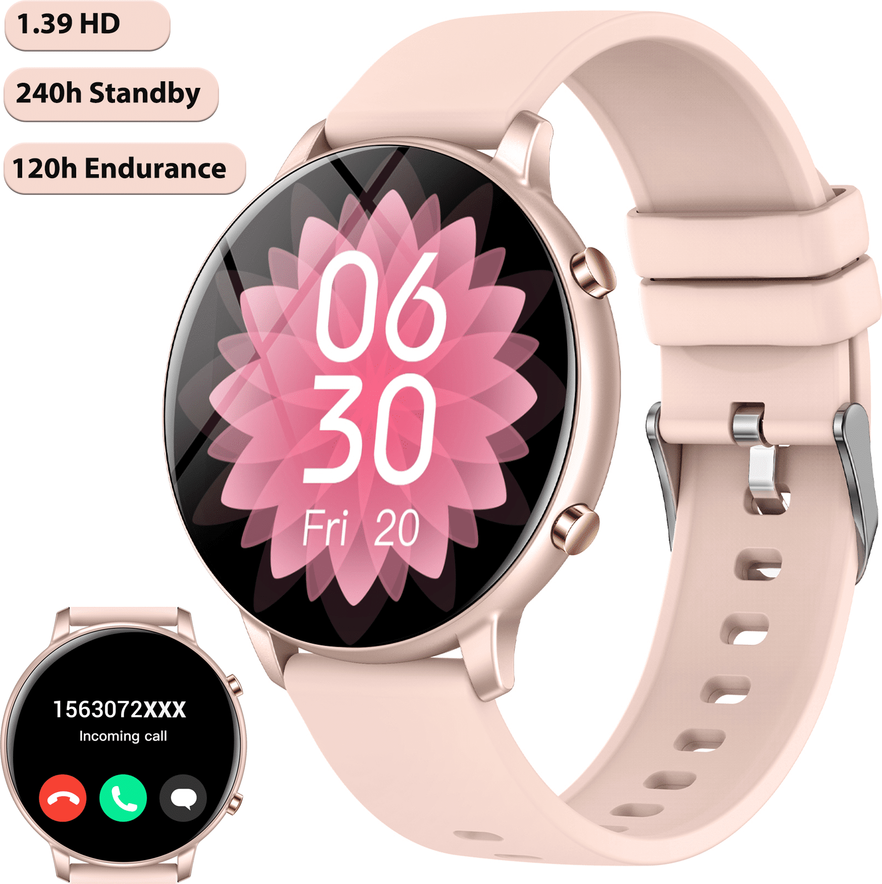 SHEIN 1pc Pink Smart Watch for Women Men(Answer/Make Calls)1.39 Inch Full Color Screen Touch Fitness Tracker for Sport Running Digital Activity Watches with Heart Rate Sleep Monitor Smartwatches for iOS and Android Phone one-size