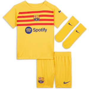 FC Barcelona 2023/24 FourthDreiteiliges Nike Dri-FIT-Fußballtrikot-Set für Babys und Kleinkinder - Gelb - 12-18M