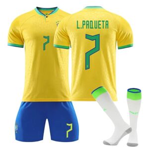 Goodies Qatar 2022 World Cup Brasilien Hjem Lucas Paqueta #7 Trøje Samba Herre fodbold T-shirts Jerseysæt Børn Unge Kids 28(150-160cm)
