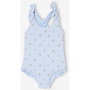 VERTBAUDET Bañador reversible vichy/rayas y flores para bebé niña azul claro