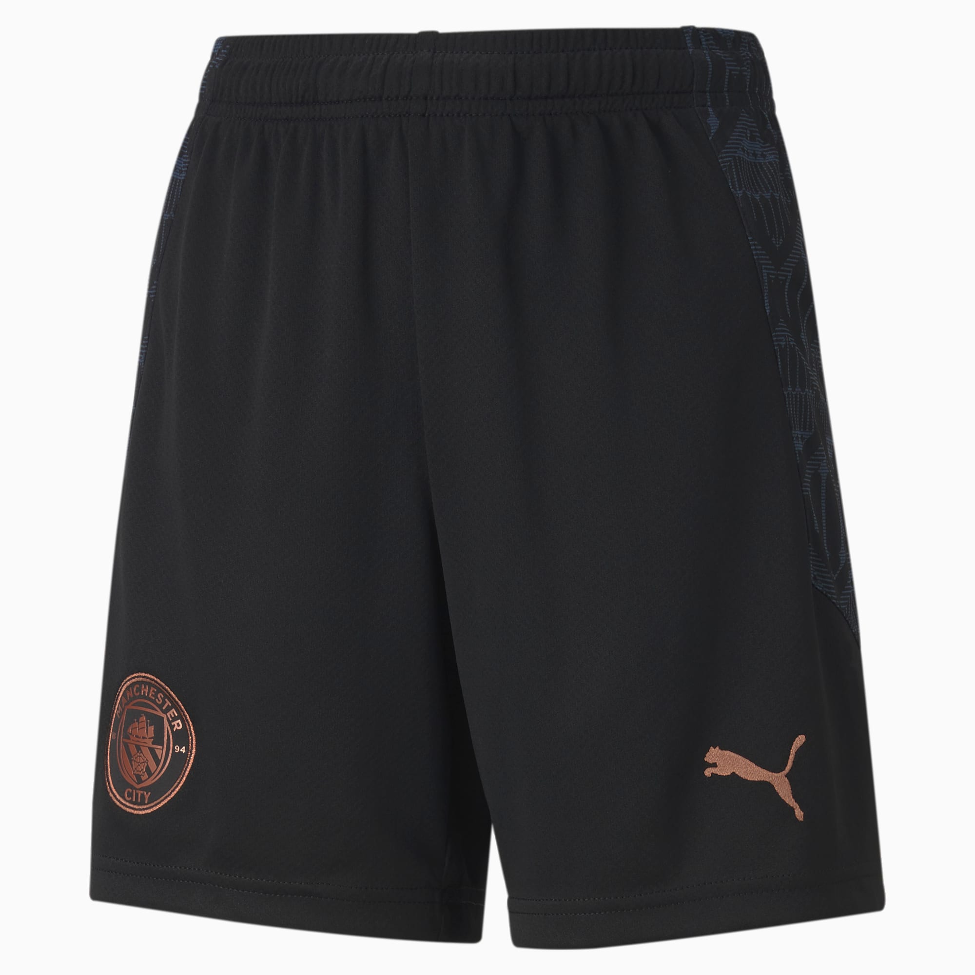 PUMA Short de football Man City Youth pour Enfant, Noir/Bleu, Taille 116, Vêtements