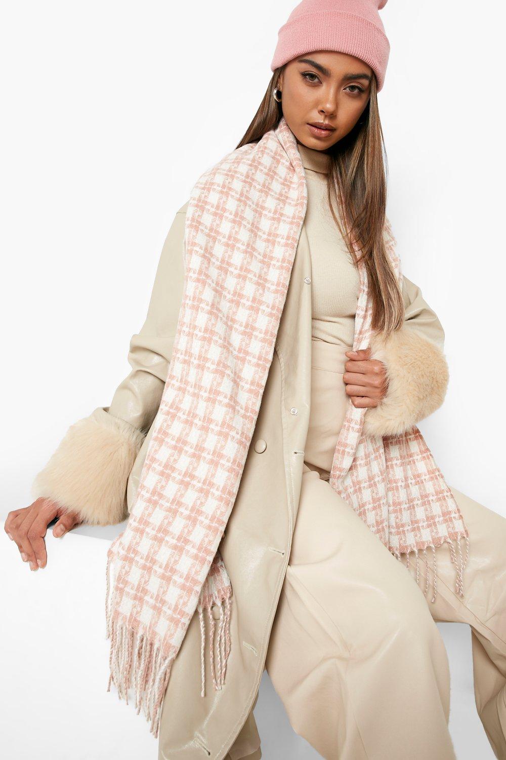 Boohoo Chunky Beige Check Knitted Tassel Scarf  - Size: ONE SIZE