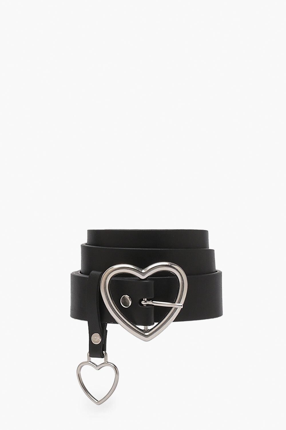 Boohoo Heart Buckle And Charm Detail Belt- Black  - Size: ONE SIZE