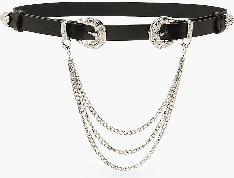 Boohoo Double Western Buckle And Chain Belt- Black  - Size: ONE SIZE