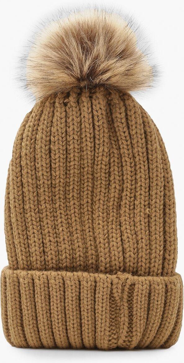 Boohoo Rib Knit Beanie With Large Faux Fur Pom- Beige  - Size: ONE SIZE