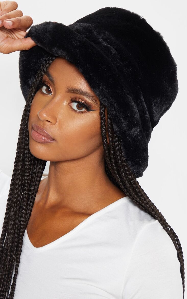 PrettyLittleThing Black Faux Fur Bucket Hat  - Black - Size: One Size