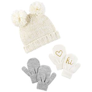 Simple Joys by Carter's Unisex-Baby Hat and Mitten Set Mütze für kaltes Wetter, Elfenbein/Gold Glitter Aufdruck/Grau, 12-24 Monate