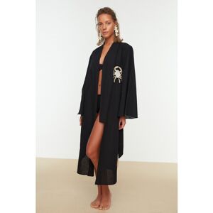 Trendyol Collection Schwarzer, Gewebter, Bestickter Midi-kimono Und Kaftan Aus 100 % Baumwolle Mit Gürtel für Damen - 40